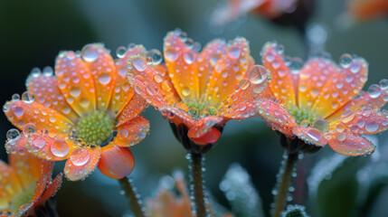 Closeup of dewdrops clinging to slender blades of gr reflecting the surrounding landscape in miniature sparkling images.