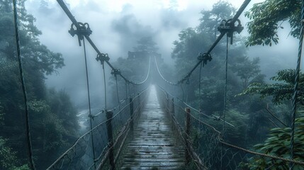 A suspension bridge stretches across a lush jungle, blending into the natural surroundings seamlessly. - obrazy, fototapety, plakaty