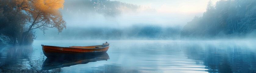 Panoramic scene of a magical boat trip, lake enveloped in morning mist, first light