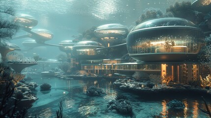 Immersive 3D-Rendered Underwater Cityscape with Futuristic Architecture and Marine Life