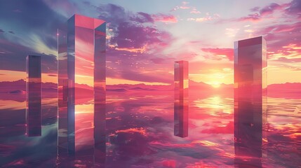 Minimalist 3D-Rendered Scene Featuring a Series of Reflective Monolithic Structures at Sunset