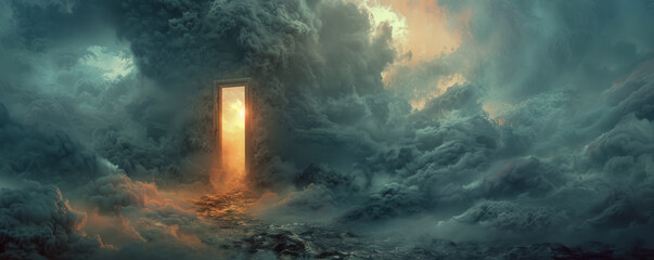 Secret door leading to unknown realms, surrounded by dense, mystical fog