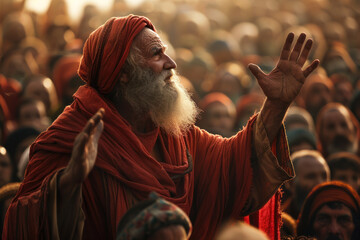 Showcase a prophet preaching to a crowd with conviction and passion - obrazy, fototapety, plakaty