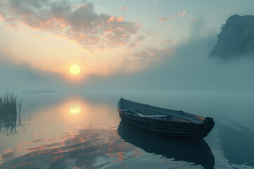Serenity on water, fantasy boat gliding over a misty lake at dawn, ethereal light
