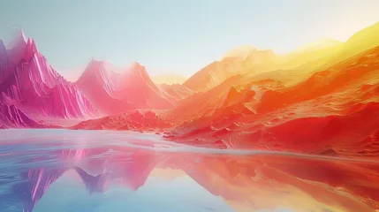 Foto auf Acrylglas 3D-Rendered Scene Capturing the Essence of Sound Waves at Magical Sunset in a Digital Landscape © Riz