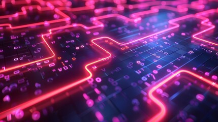Futuristic Neon Circuitry. Abstract 3D Network of Glowing Paths in a Virtual Realm