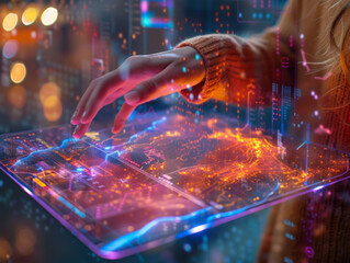 User interface interaction, female hand, holographic projections of data and charts in air