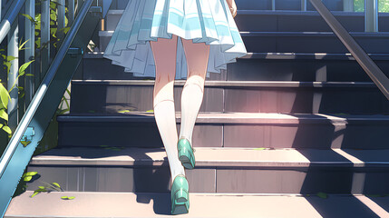 anime school idol girl, climbing the stairs - obrazy, fototapety, plakaty