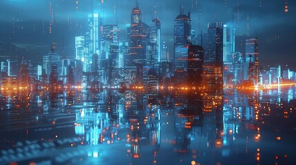 A sprawling futuristic city skyline gleams with neon lights, reflecting over calm waters at twilight, encapsulating the essence of a cybernetic urban dreamscape - obrazy, fototapety, plakaty