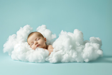 A precious sleeping baby boy wrapped in a fluffy white cloud blanket, floating gently on air in a light blue infinity studio background. Peaceful infant taking a nap while levitating - obrazy, fototapety, plakaty