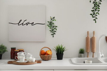 White kitchen counter with fresh fruits, utensils and houseplants