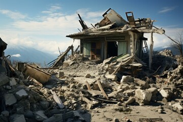 Destroyed Ruined house after earthquake. Insurance concrete. Generate Ai