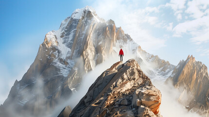 Gigantic woman with high heels hiking over a small snowy mountain peak, female giant as tall as K2 mountain walking across the landscape with enormous strides - obrazy, fototapety, plakaty
