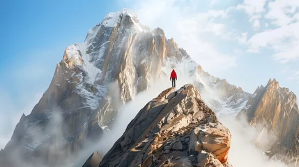 Wall murals K2 Gigantic woman with high heels hiking over a small snowy mountain peak, female giant as tall as K2 mountain walking across the landscape with enormous strides