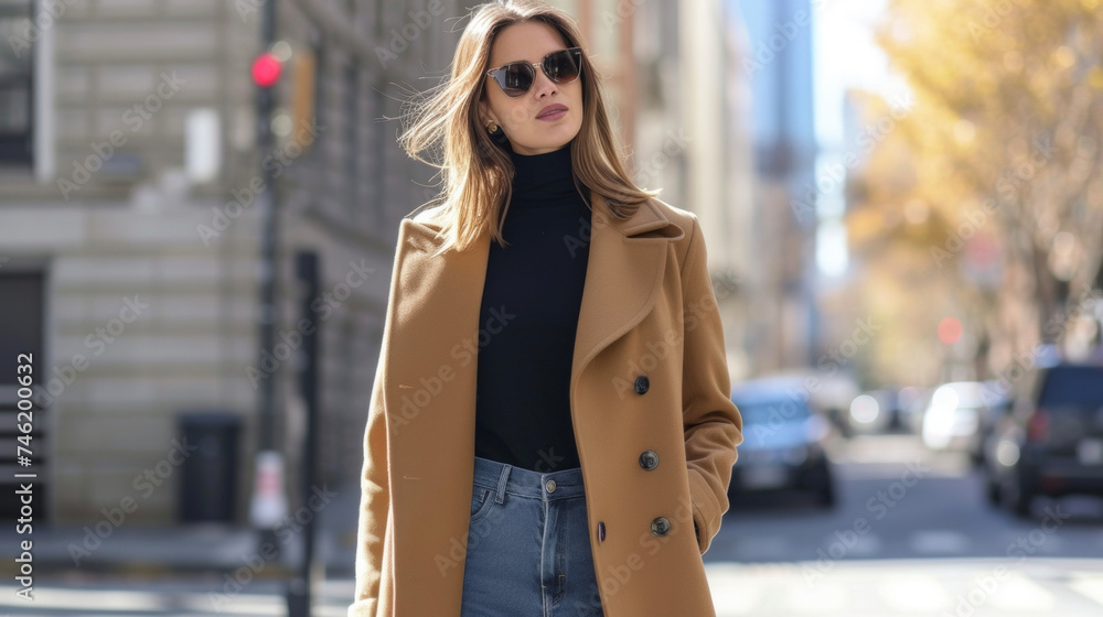 Poster a tailored camel coat paired with a black turtleneck and straightleg jeans creating a minimalistic f