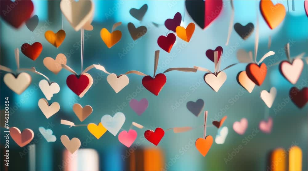 Poster a whimsical bokeh effect photograph with numerous colorful floating hearts, creating a dreamy atmosp