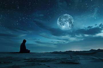 A lone figure in prayer beneath the moonlit Ramadan sky