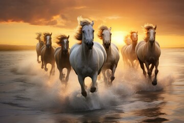 Breathtaking Running horses sunrise. Nature animal. Generate Ai