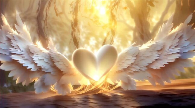A symbolic digital composition featuring a heart with angel wings bathed in a mystical, warm light, evoking feelings of love and protection.
