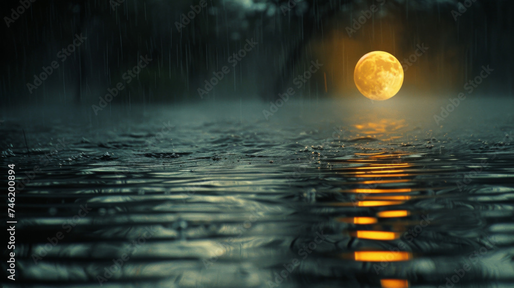 Poster texture of a moons reflection on a dark lake adding an ethereal quality to the constantly shifting s