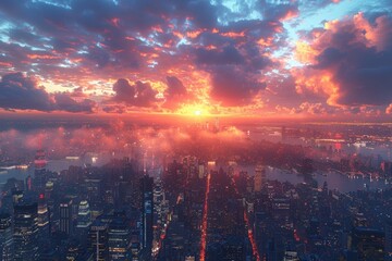 A visualization of the sun setting over a bustling metropolitan skyline, showcasing the city high-rise buildings.