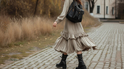 A flowy midi dress with unique ruffle details paired with chunky boots and a leather backpack for a chic and practical look.