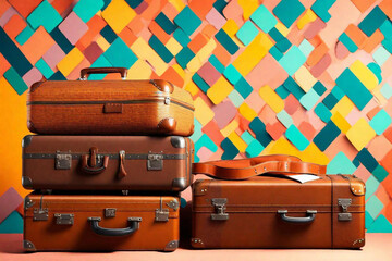 Set of luggage and accessories belonging to travelers against a vibrant background