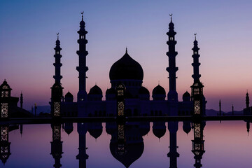A serene mosque silhouette against the twilight sky of Ramadan
