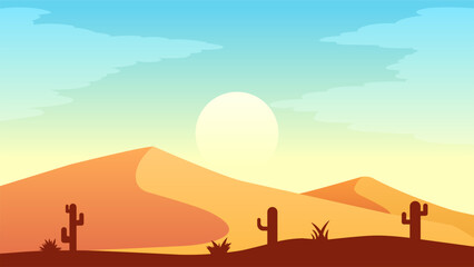 Desert landscape vector illustration. Heat and dry sand desert with cactus plant in the morning. Sand desert landscape for illustration, background or wallpaper
