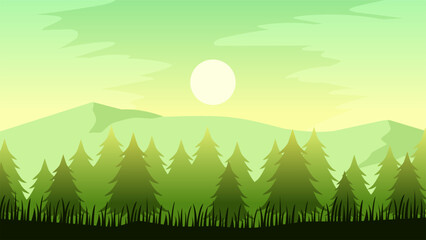 Pine forest landscape vector illustration. Silhouette of a coniferous forest in the morning. Pine forest landscape for illustration, background or wallpaper