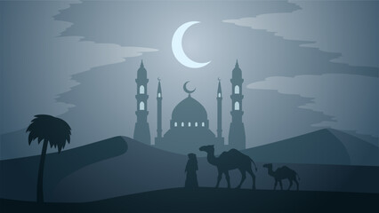 Ramadan landscape vector illustration. Mosque silhouette at night with camel and muslim in desert. Mosque landscape for illustration, background or ramadan. Eid mubarak landscape for ramadan event