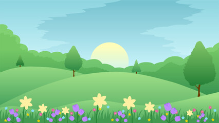 Fototapeta na wymiar Spring landscape vector illustration. Hill landscape in spring season with blooming flowers and meadow. Spring season landscape for illustration, background or wallpaper