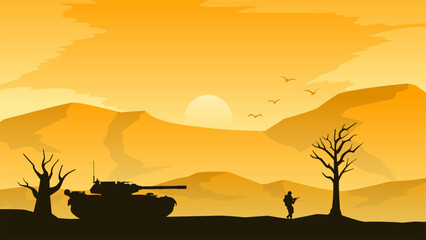 Fototapeta na wymiar Military training field landscape vector illustration. Silhouette of military tank and soldier in battlefield. Military landscape for illustration, background or wallpaper