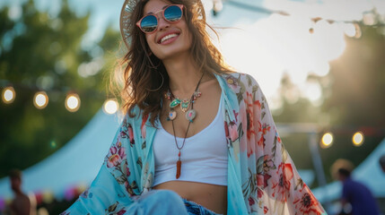 A flowy sky blue kimono with a floral print paired with a white tank top and denim offs giving off bohemian vibes for a summer music concert.