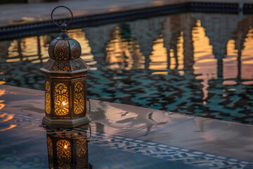 An old lantern reflects on a tranquil pool during a peaceful Ramadan evening