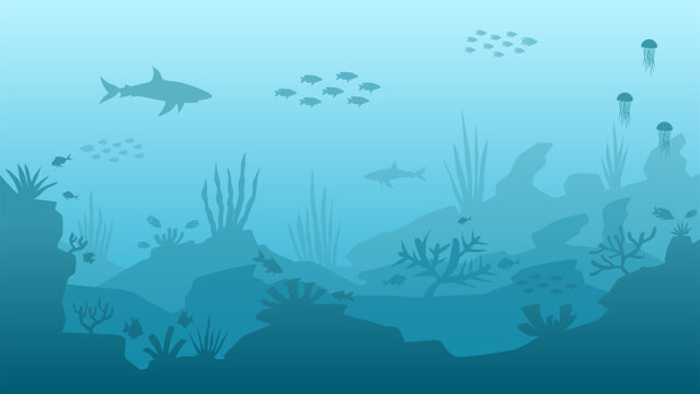 Underwater seascape vector illustration. Deep sea silhouette with fish and coral reef. Undersea landscape for illustration, background or wallpaper