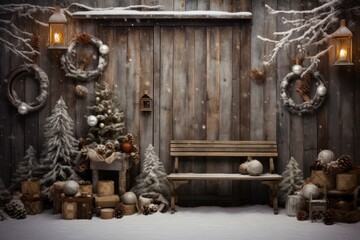 Weathered Rustic christmas wood background. Card winter. Generate Ai