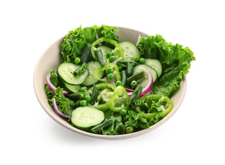 Bowl of tasty vegetable salad on white background