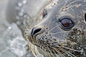 Naklejka na ściany i meble A serene seal rests on ice, its gaze calm and knowing