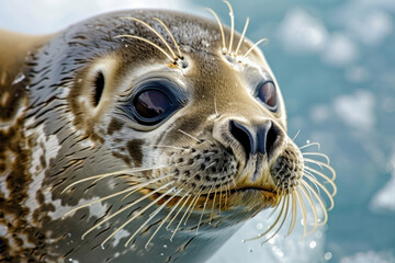 A serene seal rests on ice, its gaze calm and knowing