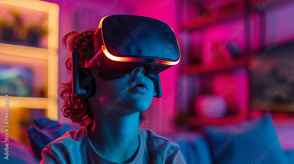 Poster a child engrossed in playing a virtual reality video game vivid colors of the game world reflected i