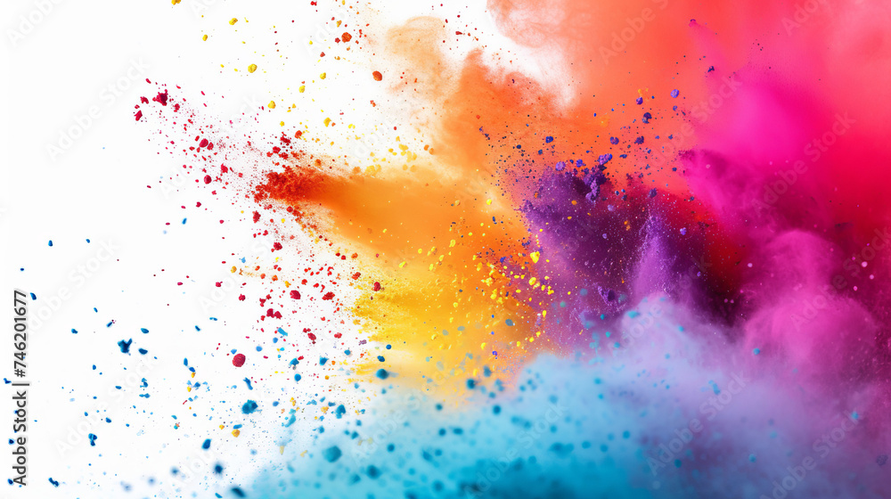 Poster a close-up, hyper-realistic image of multicolored holi powder paint mid-explosion, with particles vi