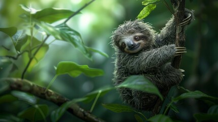 Fototapeta premium A baby sloth hanging from a tree branch, its tiny, curious eyes peeking out from a fuzzy face, the epitome of slow-moving cuteness, set against the lush backdrop AI Generative