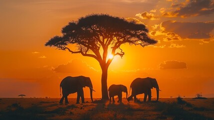 Fototapeta na wymiar A close-knit family of elephants, their silhouettes against the setting sun, creating a timeless scene of natural beauty and familial bonds, set in the vast expanse of the African AI Generative