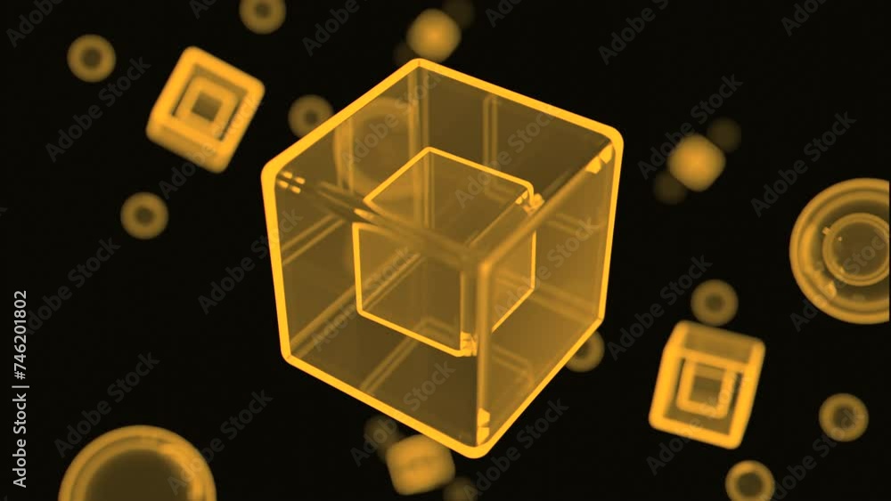 Poster 3d cubes rotating in virtual space. design. transparent cubes and round bubbles.