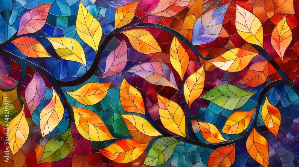 Poster a vibrant background mimicking a stained glass window, adorned with abstract shapes and multidimensi