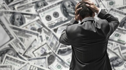 Businessman holding his forehead of having business financial with money on background.