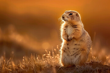 Naklejka na ściany i meble A vigilant prairie dog stands guard at sunset