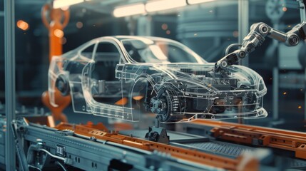 Fototapeta premium A robotic arm is assembling a car montage photography, analytic drawing, 4K, high detail, AI Generative