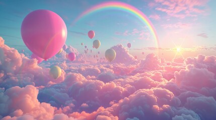 Abstract 3D rainbow, clouds and colorful balloons, a playful and vibrant scene, floating in a dreamy skies, joy encapsulated, AI Generative